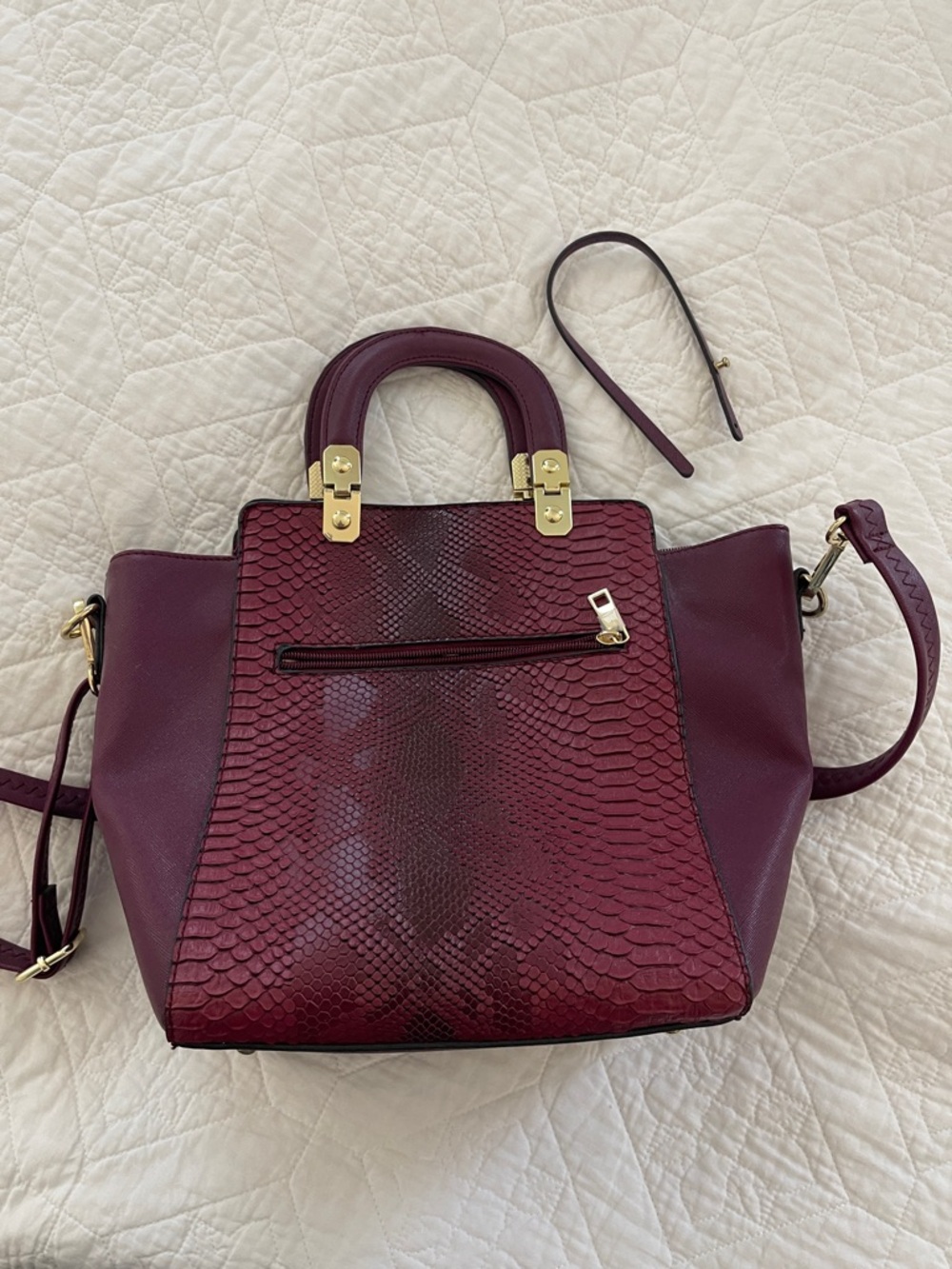 Women's Burgundy Structured Tote with Gold Hardware - Picture 8 of 10